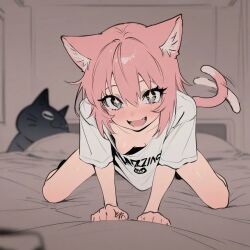 1girls artist_request baggy_shirt bed breast_peek cat_ears cat_girl cat_tail catgirl character_request looking_at_viewer neko nekomimi on_all_fours pink_hair pov pov_eye_contact solo source_request sparkling_eyes tail_wagging wagging_tail