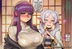1futa 1girls ai_generated amadeus_v big_breasts blunt_bangs blush bodily_fluids bra breasts capelet clothed clothing dialogue dickgirl dress duo ear_piercing earrings elf english_text eyebrows female fern_(sousou_no_frieren) frieren fur futa_on_female futa_with_female futanari green_eyes hair heart inside jewelry large_breasts light_body long_hair looking_at_viewer multiple_girls open_mouth open_smile patreon_username piercing pointy_ears purple_eyes purple_hair shirt smile speech_bubble striped_topwear sweat tagme text topwear translucent twintails white_clothing white_dress white_hair white_topwear