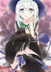 black_legwear blush cum cum_on_lower_body dirty_feet feet female green_eyes hat hat_ribbon heart heart-shaped_pupils koishi_komeiji no_shoes oouso_(usotsukiya) pov_feet ribbon soles solo suggestive_fluid sweat symbol-shaped_pupils thighhighs third_eye toes touhou white_hair