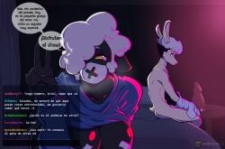 absurd_res anthro ariel_(mrmapache) black_body bovid breasts camelid caprine clothed clothing digital_media_(artwork) duo female furniture hair hi_res joan_(lallamitan_t) lallamitan_t llama male male/female mammal nude sex_toy sheep simple_background spanish_text table tail text white_hair yellow_eyes