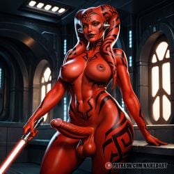 ai_generated black_lipstick darth_talon dickgirl futanari lightsaber naikedart nude penis red_body sci-fi solo stable_diffusion star_wars twi'lek yellow_eyes
