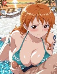 1boy ai_generated aqua_bikini bangle bikini blush bracelet breasts brown_eyes cleavage collarbone earrings erection female fingerhotpepper green_bikini handjob jewelry large_breasts long_hair looking_at_viewer male nami_(one_piece) one_piece orange_eyesai_generated orange_hair penis pool side-tie_bikini straight swimsuit tattoo water