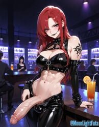ai_generated red_hair redhead goth goth_futa black_lipstick abs futanari full-package_futa huge_cock big_penis tattoo tattoos public public_nudity exhibitionism club bar drink moonlightfuta presenting_penis hand_on_penis smirk smirking_at_viewer smirking goth_makeup