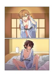 2girls after_sex bed_sheet black_hair blonde_hair blue_eyes breasts collarbone female female_only highres jiguang_haibao koishikawa_iko long_hair long_sleeves medium_breasts momijiyama_teru multiple_girls nipples nude on_bed open_clothes open_mouth open_robe pillow pussy_juice robe scar scar_across_eyebrow scar_on_face short_hair shy_(series) small_breasts tears yellow_eyes yuri