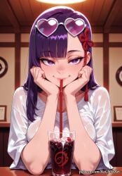 2025 ai_generated anime bangs breasts cleavage crazy_straw crossover cup drinking drinking_glass drinking_straw eye_contact eyewear_on_head female female_focus female_only hair_accessory hair_ornament head_rest heart heart-shaped_eyewear highres huge_breasts ice ice_cube indoors inside large_breasts lips long_hair looking_at_viewer mato_seihei_no_slave nsfw patreon patreon_username pov_across_table purple_eyes purple_hair red_ribbon rognezart shirt smile smiling solo sunglasses upper_body very_long_hair wet wet_clothes wet_shirt white_shirt yamashiro_ren