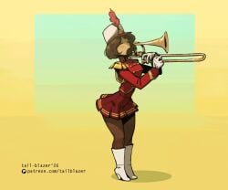 1girl 2026 animated aqua_background artist_name ass ass_body ass_expansion blush boots brass_instrument breasts brown_hair dark_skin gif gigantic_ass gloves gradient_background high_heel_boots hyper_ass jiggling_ass marching_band_uniform massive_ass musical_instrument orange_background original pantyhose patreon_url puffed_cheeks short_hair solo sophia_(tail-blazer) striped_panties tail-blazer thick_ass torn_pantyhose trombone white_gloves wobbling_ass