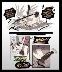 1boy 1cuntboy alastor_(hazbin_hotel) animal_genitalia balls belly belly_bulge big_penis bigger_male blonde_hair blush bulge craxkers demon english english_text gay grabbing grabbing_tail hazbin_hotel horns huge_cock knot lucifer_morningstar_(hazbin_hotel) massive_penis naked nude open_mouth penetration penile penis penis_in_pussy pussy sharp_teeth short_hair size_difference tail wings yaoi