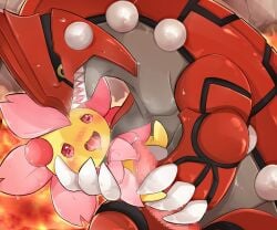 2023 6:5 ambiguous_anthro ambiguous_gender anthro beady_eyes big_claws biped blush bodily_fluids carrying_another carrying_partner censored censored_genitalia censored_penis cherrim claws countershading digital_drawing_(artwork) digital_media_(artwork) duo eye_contact fire generation_3_pokemon generation_4_pokemon genitals grey_body grey_countershading groudon half-closed_eyes larger_male legendary_pokemon looking_at_another looking_pleasured male mosaic_censorship narrowed_eyes nintendo open_mouth penis pink_body plantigrade pokemon pokemon_(species) prrrrrrmine red_body red_eyes saliva saliva_string shaded sharp_teeth side_view size_difference smaller_ambiguous smaller_anthro soft_shading sweat tapering_penis teeth tongue_showing yellow_body
