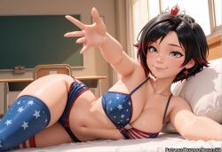 ai_generated armpits bare_shoulders bikini black_hair blush bra breasts cleavage collarbone curtains earrings female front-tie_top grey_eyes indoors jewelry lips looking_at_viewer lying medium_breasts meitabuu multicolored_hair navel on_side outstretched_arm reaching red_hair ruby_rose rwby short_hair short_shorts shorts smile solo star_(symbol) star_earrings star_print swimsuit thighhighs tiara two-tone_hair underwear window