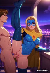 1boy 1boy1girl 1girls ai_generated artist_name blonde_blazer blonde_hair blue_eyes bodysuit boots breasts brown_hair cape cityscape clothed_female_nude_male covered_navel dispatch_(game) domino_mask elbow_gloves female gloves hi_res large_breasts leg_lift leg_up long_hair lustboxai mask night nude penis pussy pussy_juice sex smile split standing standing_on_one_leg standing_sex standing_split straight superhero sweat thigh_boots thighhighs uncensored vaginal_penetration vaginal_sex