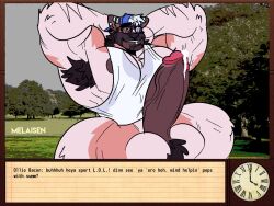 2023 akita american_akita anthro arm_hair arm_tuft armpit_hair artist_name balls barazoku bau_(melaisen) beard big_balls big_muscles big_penis black_armpit_hair black_hair blue_baseball_cap blue_clothing blue_hat blue_headwear bodily_fluids body_hair border bottomless bottomless_anthro bottomless_male brown_beard brown_body brown_border brown_face brown_facial_hair brown_fur brown_nipples brown_penis canid canine canis clock clothed clothing cum cum_drip darkened_genitalia darkened_penis detailed_background dialogue digital_drawing_(artwork) digital_media_(artwork) domestic_dog dripping dusk_acres ear_piercing elbow_tuft english_text erection eyewear facial_hair fur genital_fluids genitals glasses grass hair hairy_balls hands_behind_head hat headgear headwear hi_res huge_balls huge_cock huge_muscles humanoid_genitalia humanoid_penis male male_anthro mammal manly melaisen muscular nipples orange_body orange_fur outside partially_clothed partially_clothed_anthro partially_clothed_male penis piercing plant portrait shirt sky solo spitz tan_balls tan_body tan_fur tank_top text three-quarter_portrait topwear tree tuft vein veiny_penis white_clothing white_hair white_shirt white_tank_top white_topwear yaoi