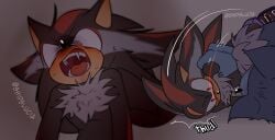 bite blood blush blush_lines bodily_fluids duo fangs fur hi_res male male/male sega shadow_the_hedgehog shipslucia shoulder_bite sonadow sonic_the_hedgehog sonic_the_hedgehog_(series) sonic_the_werehog sonic_unleashed sweat sweatdrop teeth teeth_showing text vampire_shadow
