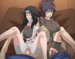 2girls arms_behind_back big_breasts black_hair bondage bound cleavage crying defeated faint_blush fishnets gag kidnapped kunoichi kurenai_yuhi missionary_position mitarashi_anko naruto_(series) naruto_shippuden ninja pale_skin purple_hair rape runny_makeup tape_gag vaginal_penetration