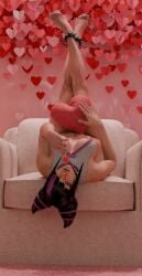 3d 3d_(artwork) 3d_model 3d_render anklet asian_female black_hair bottomless capcom dyed_hair feet feet_up female_focus female_only inner_sideboob juri_han lollipop redpassieol3d sofa street_fighter street_fighter_6 upside-down valentine's_day