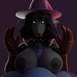 3d animatronic big_ass big_breasts big_dick black_eyes black_nose black_tits breasts clothing collar dick duo genitals hat hat_only headwear huge_breasts machine mostly_nude nipples nude photo purple_hat purple_headwear rachel_waterman_(the_walten_files) render robot sheep sheep_witch_(twf) slit_pupils the_walten_files thick_thighs white_nipples