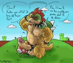 1boy absurd_res accessory anthro balls biceps bodily_fluids bowser bracelet closed_eyes cock_ring collar curved_penis dialogue digital_media_(artwork) elemental_creature english_text erection flora_fauna furry furry_male genital_fluids genitals hair hi_res horns humanoid_genitalia humanoid_penis jewelry kneeling koopa leaking_precum male mario_(series) muscular muscular_anthro muscular_male mylittvalentine navel nintendo nipples nude pecs penis penis_accessory penis_jewelry piranha_plant plant precum precum_string red_hair reptile scalie shell speech_bubble spiked_collar spikes tail text yellow_skin