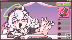 1girls 5_fingers 5_toes absurdres artist_request barefoot big_breasts blush chat cute cute_feet cute_female_feet feet feet_on_table feet_up female_focus female_only foot_fetish foot_focus foot_play foot_worship halo highres keyboard_(computer) looking_at_viewer mouse_(computer) pink_eyes pink_hair presenting_feet screenshot showing_feet simi_n_chapchap socks_removed soft_feet soles soles_fetish solo_female stella_sora stream_chat streaming sweaty_feet teasing toes vtuber youtube