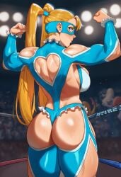 ai_generated big_ass big_breasts blonde_hair blue_eyes boxing_ring eyemask flexing from_behind karezma looking_at_viewer looking_back muscles muscular muscular_female muscular_thighs rainbow_mika smile standing street_fighter thick_arms thick_hips thick_legs thick_thighs twintails