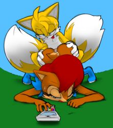 anal anthro brown_fur buttjob chipmunk female fox fur furry_tail hotred interspecies male multiple_tails outdoors penis red_hair sally_acorn sega sonic_(series) straight tail tails yellow_fur