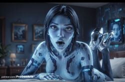 1girls ai_generated android bed black_hair blue_skin blurry blurry_background breasts colored_skin cortana female halo_(game) halo_(series) hi_res high_heels hologram indoors looking_at_viewer lying medium_breasts metal_skin microsoft nipples nude on_bed on_stomach open_mouth progenarts saliva science_fiction short_hair small_breasts solo the_pose