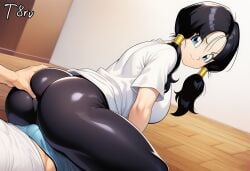 1boy 1girls ai_generated ass ass_grab black_hair black_pants blue_eyes dragon_ball_z looking_back seductive_pose sitting_on_person t8r thick_thighs twintails videl