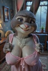1girls ai_generated animated anthro big_breasts bonnie_hopps bouncing_breasts breasts_focus cleavage creepy_smile fur furry hands_on_breasts huge_breasts nightgown nipples_visible_through_clothing pink_nightgown smile tagme transparent_clothing upper_body video vlrgromns zootopia zootopia_2