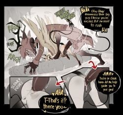 1boy 1cuntboy alastor_(hazbin_hotel) animal_ears animal_genitalia animal_tail antlers anus ass balls big_penis bigger_male blonde_hair butt comic craxkers demon english english_text from_behind from_behind_position gay hazbin_hotel hooves horns huge_cock knot lucifer_morningstar_(hazbin_hotel) massive_penis open_mouth pussy pussy_juice red_hair sharp_teeth short_hair size_difference tail wings yaoi