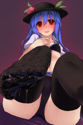 absurdres black_legwear black_panties blue_hair bow bow_panties cum cum_on_feet cum_on_lower_body dot_r feet female highres looking_at_viewer navel no_shoes panties perspective pov_feet red_eyes smile soles solo tenshi_hinanawi thighhighs thighs toes touhou underwear