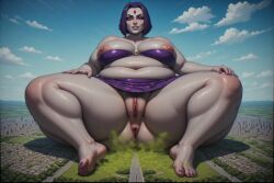 ai_generated anus bra dc earrings fart fart_cloud fart_fetish farting feet giantess gothic grey_skin hairy_armpits landscape loincloth micro_city nude perchance_ai purple_eyes purple_fingernails purple_hair purple_lipstick purple_toenails pussy raven_(dc) red_forehead_gem sitting teen_titans