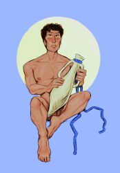 1boy amphora artistic artistic_nude artistic_nudity blue_background blue_rope censored_genitalia confused_look container convenient_censoring convenient_censorship dark_hair digital_drawing_(artwork) digital_media_(artwork) greek greek_history greek_pottery green_eyes handsome handsome_man holding_object innocent jadakira_the_slave looking_past_viewer male male_focus male_only masculine minoan mr_shrink muscles muscular muscular_male nice_body nipples original original_character pretty_face shiny_skin slave slave_boy slavery solo solo_male subjugated subjugation tan_body tan_skin tan_skinned_male