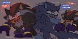 anthro bite blush blush_lines bodily_fluids duo fangs fur hi_res hissing male male/male onomatopoeia sega shadow_the_hedgehog shipslucia shoulder_bite sonadow sonic_the_hedgehog sonic_the_hedgehog_(series) sonic_the_werehog sonic_unleashed sound_effects speech_bubble sweat sweatdrop teasing teeth text vampire_shadow