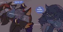 anthro beckoning blush blush_lines bodily_fluids cross-popping_vein duo fur gesture hand_on_mouth hi_res male male/male sega shadow_the_hedgehog shipslucia sonadow sonic_the_hedgehog sonic_the_hedgehog_(series) sonic_the_werehog sonic_unleashed speech_bubble sweat sweatdrop teasing teeth text vampire_shadow