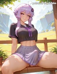 1boy 1futa 2026 ai_assisted ai_generated anime artist_name explicit futanari hi_res high_quality high_resolution highres leaf patreon patreon_username penis purple_eyes purple_hair short_hair_with_long_locks sitting smile solo stable_diffusion tsukoneko vocaloid voiceroid watermark yuzuki_yukari