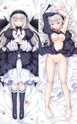 1girls armpits arms_up bare_legs bare_shoulders barefoot black_dress blush bottomless breasts breasts_out cleft_of_venus closed_eyes crystal dakimakura doll_joints dress dress_lift feet female gothic_lolita hair_between_eyes hairband juliet_sleeves kneehighs layered_dress legs lolita_fashion lolita_hairband long_hair long_sleeves looking_at_viewer lying mound_of_venus multiple_views nipples on_back open_clothes open_dress open_mouth petals philomelalilium puffy_sleeves pussy red_eyes rozen_maiden silver_hair solo suigintou tears toes uncensored white_dress