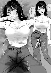 1girls 2d absurdres blush breasts cleavage clothed clothed_female commentary_request denim disembodied_hand female forced greyscale highres hitachi_magic_wand japanese_text jeans kaimu_0720 large_breasts looking_at_viewer monochrome non-nude notes_translation onomatopoeia open_mouth original pants peeing peeing_self puddle sex_toy short_hair speech_bubble stained_clothes straight sweat tank_top text translated translation_check urine uuuuuummmmiiii vibrator wet wet_clothes
