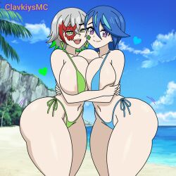 2girls areola_slip astellar_diabellstar_(sinful_spoils) asymmetrical_docking beach beach_background big_breasts bikini blue_angel blue_bikini blue_girl blue_hair blue_sky breast_press breasts clavkiys_mc cloud commission day diabellstar_the_black_witch face_paint grabbing green_bikini green_eyes green_hair grey_hair hair_between_eyes heart hi_res hug huge_breasts light_skin long_hair looking_at_viewer mask micro_bikini multicolored_hair multiple_girls navel ocean open_mouth outdoors purple_eyes short_hair side-tie_bikini_bottom sky smile swimsuit symmetrical_docking thick_ass thick_thighs thighs tree, water wide_hips yu-gi-oh! zaizen_aoi