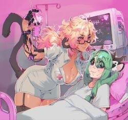 2girls animal_ears bed big_breasts bimbwoh black_thighhighs blonde_hair breasts cleavage colored_sclera cow_ears cow_girl cow_horns crelly curvy cyborg dark-skinned_female dark_skin female garter_straps green_hair grey_sclera hair_ornament heterochromia highres horns hospital_bed indie_virtual_youtuber kokonuts large_breasts leaning_forward long_hair mechanical_arms mole mole_on_breast mole_under_mouth monkey_ears monkey_girl monkey_tail multiple_girls nervous_sweating nurse pink_hair red_eyes shirt single_mechanical_arm smile sweat syringe tail thick thick_thighs thighhighs thighs twintails virtual_youtuber voluptuous vtuber white_shirt yellow_eyes yuri