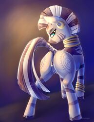 2015 anus ass crotchboobs cutie_mark ear_piercing equine female feral friendship_is_magic hair half-closed_eyes hi_res hooves looking_at_viewer looking_back mammal my_little_pony piercing pussy rear_view smile solo stripes viwrastupr zebra zecora_(mlp)