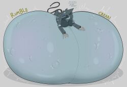 2022 absurd_res belly big_belly blade_wolf blue_eyes feral grey_body hi_res huge_belly hyper hyper_belly hyper_pregnancy konami machine male metal_gear multicolored_body necrofeline pregnant pregnant_feral robot robot_feral rumbling_stomach simple_background solo tail