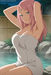 1girls ai_generated alternate_hairstyle arm_support arms_behind_head bath bathing blush blush_lines boruto:_naruto_next_generations breasts completely_nude curvaceous facial_mark facing_viewer female forehead_mark front_view green_eyes hairband hot_spring light-skinned_female light_skin long_hair mature mature_female milf naruto naruto_(series) nipples nude nude_female onsen outdoors paipan partially_submerged petite pink_hair relaxing sakura_haruno secreart shiny shiny_hair shiny_skin sitting termal_water towel water watermark wide_hips