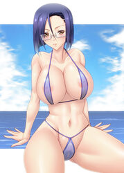 1girls 2010s areolae ayato bikini blue_hair blush breasts brown_eyes closed_mouth covered_nipples erect_nipples female glasses highres huge_breasts human kaoru_niimi large_breasts light-skinned_female light_skin looking_at_viewer micro_bikini nipples ocean pubic_hair purple_hair pussy sea see-through see-through_bikini short_hair sky solo space_battleship_yamato space_battleship_yamato_2199 spread_legs sweat swimsuit water