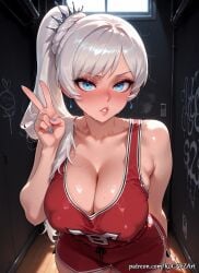 2025 ai_generated alternate_breast_size anime bangs bare_shoulders blue_eyes blue_nails blush breasts cleavage collarbone covered_nipples crossover earrings eye_contact female female_focus female_only flushed highres huge_breasts indoors inside jewelry large_breasts long_hair looking_at_viewer nail_polish nsfw parted_lips patreon ponytail rognezart rwby scar scar_across_eye scar_on_face shiny shiny_hair shiny_skin shorts side_ponytail solo sportswear sweat sweaty v very_long_hair weiss_schnee white_hair