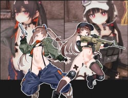 1girl assault_rifle black_boots black_socks black_thighhighs boots breasts censored desert_eagle elbow_pads fallout fallout_4 female female_only fn_scar_16 fuyukawa_(kogimiwa64338) gun handgun hat headset highres holding holding_gun holding_weapon holster knee_pads navel original pussy rifle single_sock single_thighhigh small_breasts socks thigh_holster thighhighs thighs weapon