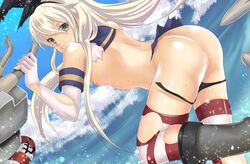 ass black_panties blonde_hair blush boots eko elbow_gloves female gloves hairband kantai_collection long_hair looking_at_viewer nipples panties personification rensouhou-chan shimakaze_(kantai_collection) skirt solo striped striped_legwear thighhighs torn_clothes underwear white_gloves