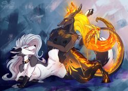 amber_eyes anthro areola armwear canid canid_demon canine clothing cloven_hooves collar demon dragon duo elbow_gloves female female/female fire flaming_hair flaming_tail genitals gloves hair handwear hellaverse hellhound helluva_boss hi_res hooves loona_(helluva_boss) mammal mythological_canine mythological_creature mythological_scalie mythology nipples nude pawpads pompeii_(timberwolfl) pseudo_hair pupils red_sclera scalie sex sharp_teeth slit_pupils spiked_collar spikes sunny_way tail teeth tribadism vaginal_penetration vulva white_eyes white_hair