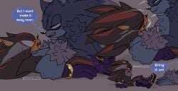 anthro bite blood blush blush_lines bodily_fluids duo fangs fur hi_res inviting lying_on_ground male male/male on_ground sega shadow_the_hedgehog shipslucia shoulder_bite sonadow sonic_the_hedgehog sonic_the_hedgehog_(series) sonic_the_werehog sonic_unleashed speech_bubble sweat sweatdrop teasing teeth text vampire_shadow