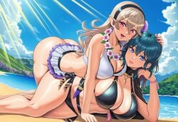 2girls ai_generated all_fours beach bent_forward bent_over bikini bikini_skirt blue_eyes blue_hair blue_nails blush bottomless bottomless_skirt breast_press byleth_(fire_emblem) byleth_(fire_emblem)_(female) byleth_(summer)_(fire_emblem)_(female) capelet cleavage clouds corrin_(fire_emblem) corrin_(fire_emblem)_(female) corrin_(summer)_(fire_emblem)_(female) curvy dagger expressionless female female_only fire_emblem flower_in_hair flower_necklace glossy_lips hair_flower hairband hand_on_head hanging_breasts happy huge_ass huge_breasts huge_butt intelligent_systems kneeling leaning_forward long_hair lying lying_on_another lying_on_person lying_on_side medium_hair necklace nintendo ocean on_top on_top_of_another pink_lips red_eyes red_nails sand shiny_hair shiny_lips side-by-side silver_hair sunbeam super_smash_bros. super_smash_bros._ultimate teeth thick_ass thick_butt thick_thighs vermadis2x voluptuous voluptuous_female water wide_hips