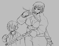 big_breasts bra breasts child_bearing_hips colorless limbus_company looking_at_partner no_color project_moon ryoshu_(limbus_company) short_hair shotgun sinclair_(limbus_company) smaller_male smoke_from_mouth smoking smoking_cigarette sweat sweatdrop sweating sweaty_body sweaty_breasts tagme thick thick_hips thick_legs thick_thighs thighs tsutsunotsumi