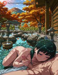 1boy 1girls ai_generated autumn_leaves bangs blush breasts female fingerhotpepper handjob kusuriya_no_hitorigoto leaf male maomao_(kusuriya_no_hitorigoto) nude onsen outdoors partially_submerged penis pov rock solo_focusai_generated straight tree water wet