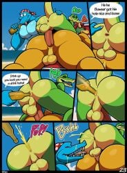3boys alligator alligatorid anal anal_sex anthro anthro_on_anthro anus ass backsack balls beach beverage blue_skin bottle bottle_in_ass bottle_insertion bowser closed_eyes clothing comic container crocodile crocodilian dialogue diddy_kong_racing digital_media_(artwork) donkey_kong_(series) drinking elfein enema english_text erection from_behind_position furry furry_male furry_only gay gay_sex genitals green_skin group hair hi_res holding_bottle holding_container holding_object humanoid_genitalia humanoid_penis jacket koopa kremling kritter_(kremling) krunch_the_kremling kruncha lying male male/male male_nipples male_penetrated male_penetrating male_penetrating_male mammal mario_(series) muscular muscular_anthro muscular_male nintendo nipples nude object_in_ass on_front open_mouth outdoor_nudity outside_sex pecs penetration penile penile_penetration penis reptile sand scalie seaside sex sex_on_the_beach sky smile speech_bubble spread_butt spreading tail teeth text tongue tongue_out topwear towel trio water yaoi yellow_skin